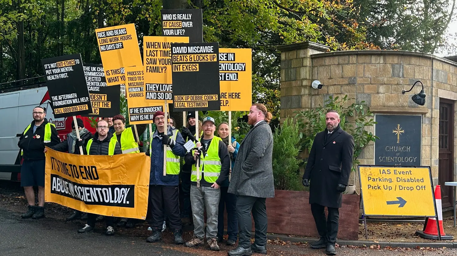 Scientology protestors outside Saint Hill, their UK headquarters