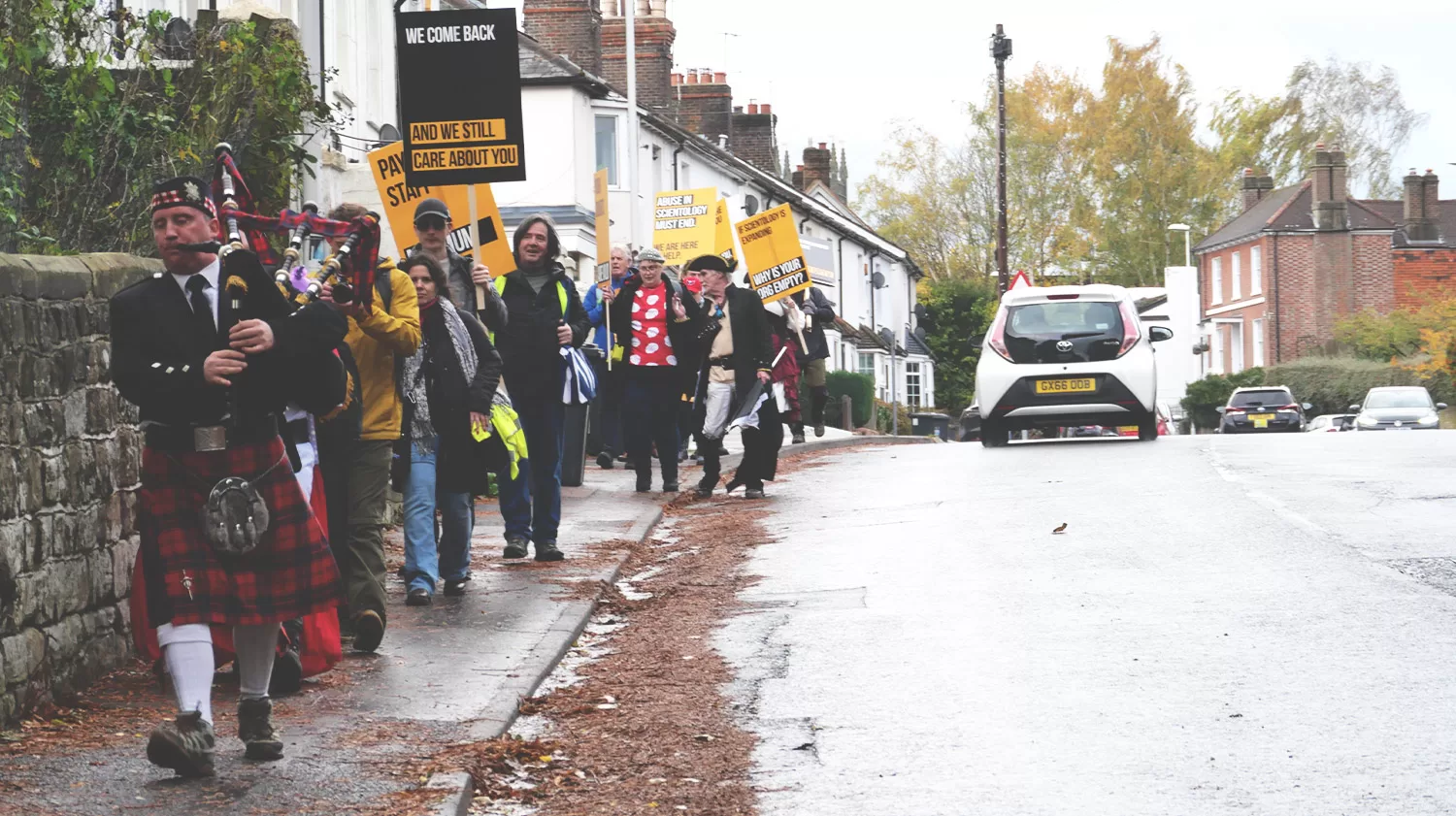 Scientology protestors marching in East Grinstead