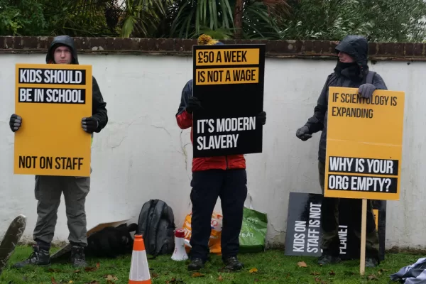 Protestors gather at Scientology’s UK headquarters